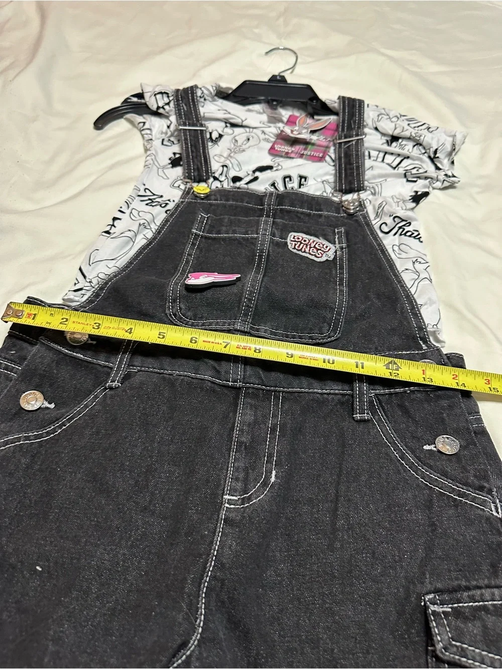 Warner Bros. Black Denim Short Overalls with Looney Tunes Patches
